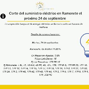 Corte del suministro elctrico en Ramonete el prximo 24 de septiembre 