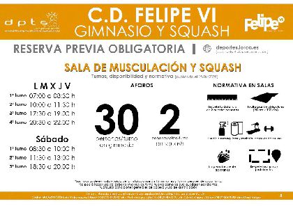El Complejo Deportivo Felipe VI reanuda las actividades dirigidas y reabre la sala de musculacin y las pistas de squash