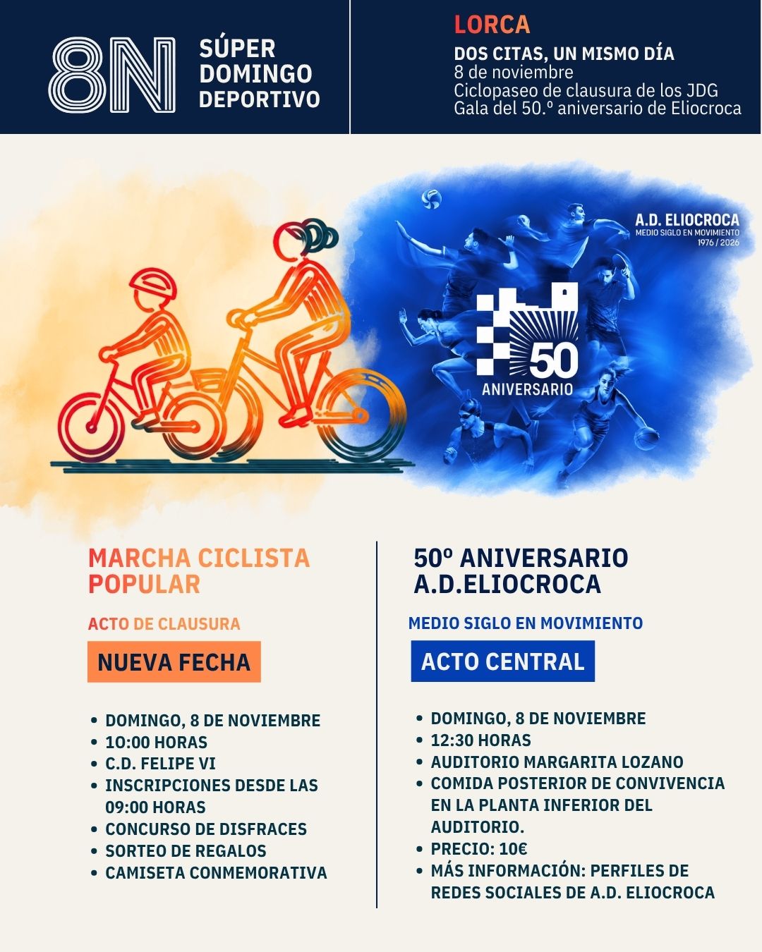 Lorca acogerá el próximo 8 de noviembre un súper domingo deportivo con la clausura de los 47º JDG y la gala conmemorativa del cincuenta aniversario de la A.D. Eliocroca, embajadora de esta edición